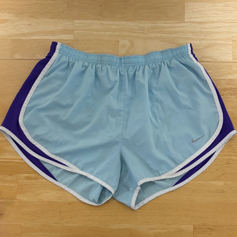 Nike Women's Sky Blue Athletic Shorts with Purple Trim